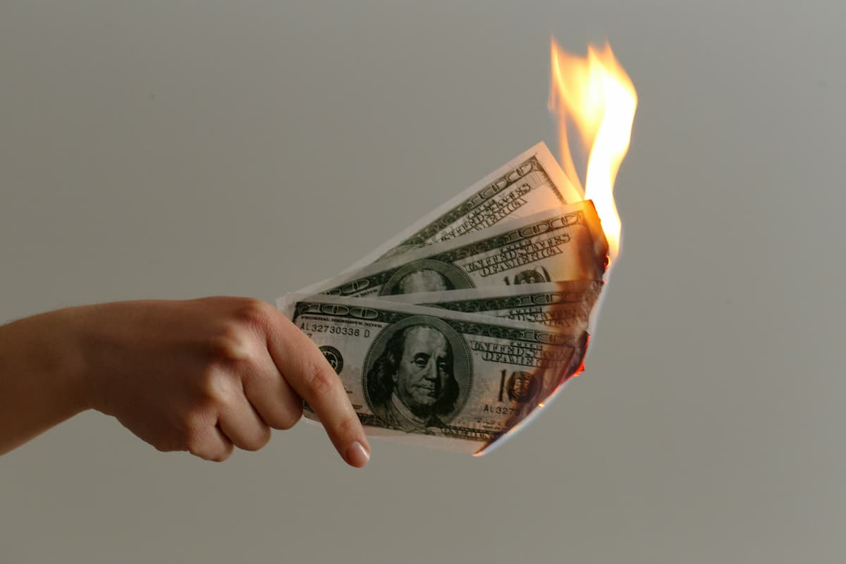 Hand holding burning money, symbolizing government waste and lost taxpayer dollars.
