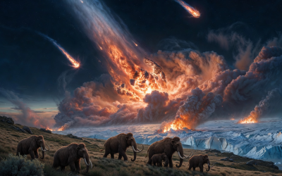 Dramatic photorealistic scene of the Younger Dryas comet impact 12,800 years ago: comet fragments blazing across the sky, huge explosion over the ice sheet, wildfires raging, and woolly mammoths on the tundra below.