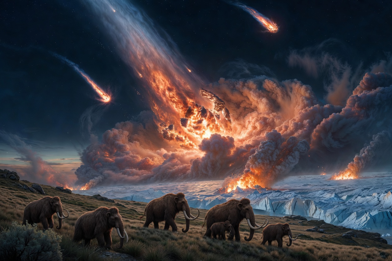 Dramatic photorealistic scene of the Younger Dryas comet impact 12,800 years ago: comet fragments blazing across the sky, huge explosion over the ice sheet, wildfires raging, and woolly mammoths on the tundra below.