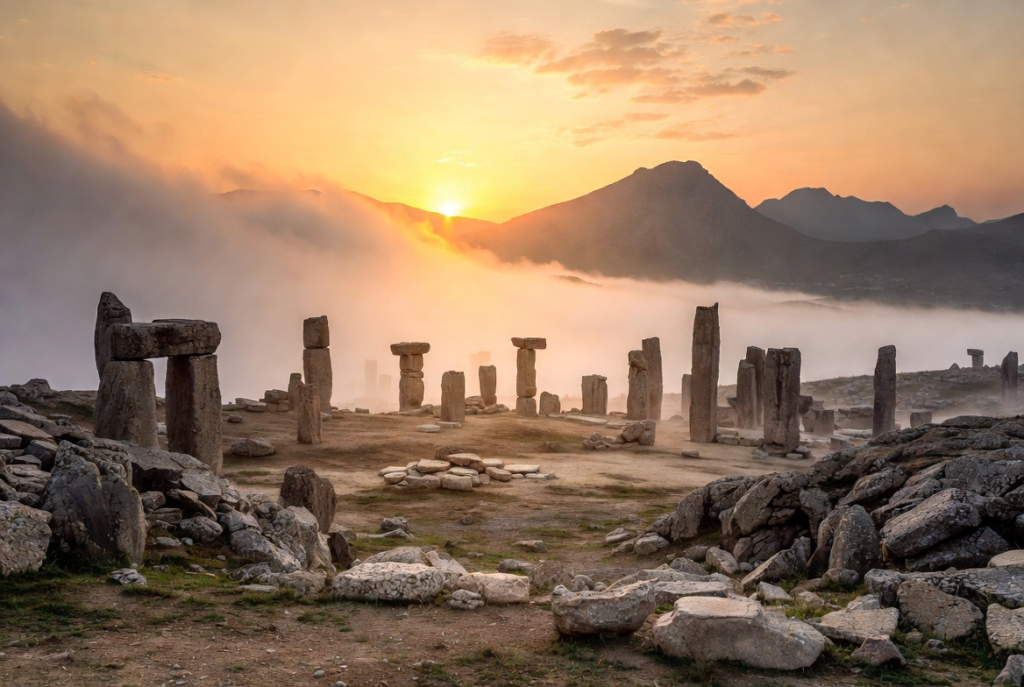 Göbekli Tepe at sunrise: ancient T-shaped pillars emerging from mist on a limestone ridge in Turkey, with dramatic golden light and mountains in the background.