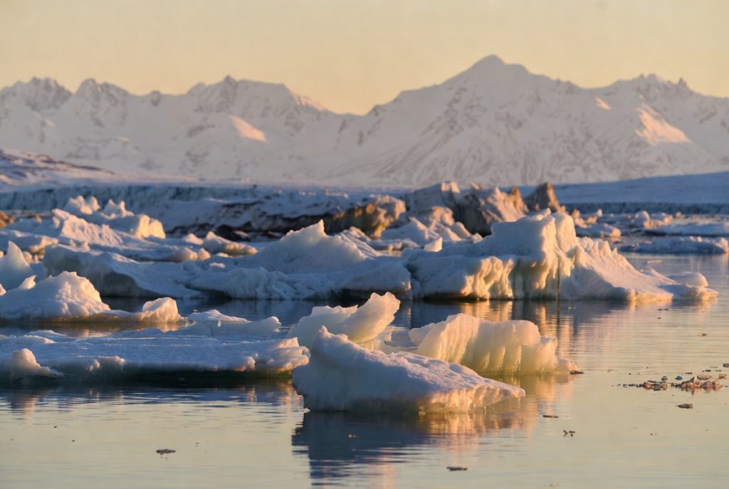 Realistic Arctic sea ice floes floating in calm water at golden hour with snow-covered mountains in the background.