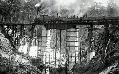 black and white Image of a steam train on top of a railway bridge.
