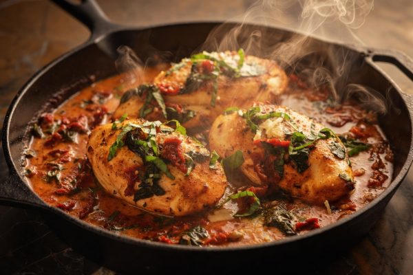 Creamy Tuscan Chicken in a cast-iron skillet with juicy golden-seared chicken breasts in rich garlic Parmesan cream sauce, sun-dried tomatoes, wilted spinach, fresh basil, and shaved Parmesan.