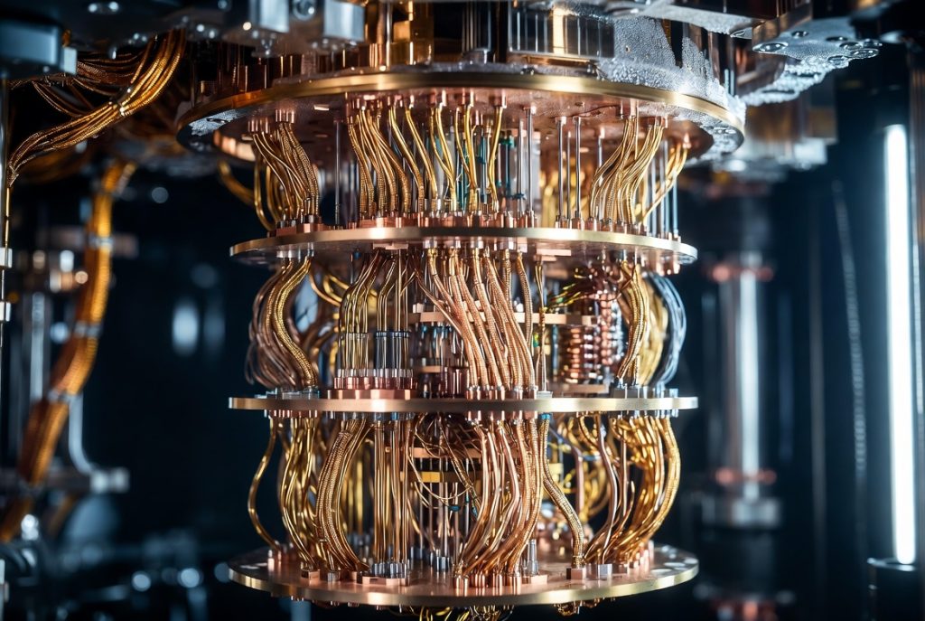 Luxurious close-up of quantum computer cryostat hardware with detailed gold coaxial cables, frost effects and rich cinematic lighting.