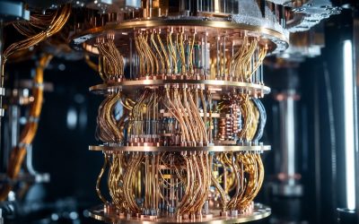 Luxurious close-up of quantum computer cryostat hardware with detailed gold coaxial cables, frost effects and rich cinematic lighting.