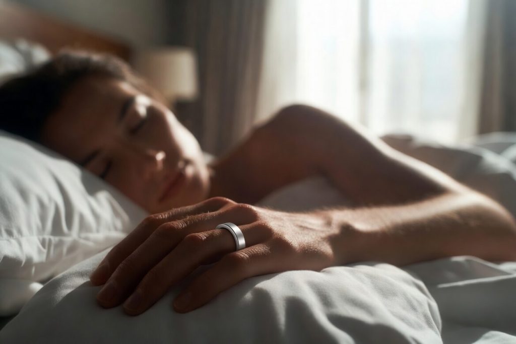 Sleek minimalist titanium smart ring on a person’s finger while peacefully sleeping in a bright modern bedroom – stylish wearable sleep tracker.