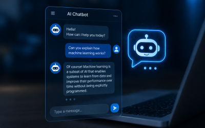 Futuristic AI chatbot interface displayed on a digital screen showing a conversation between a user and an AI assistant, with glowing blue chat bubbles and a modern tech-themed design.