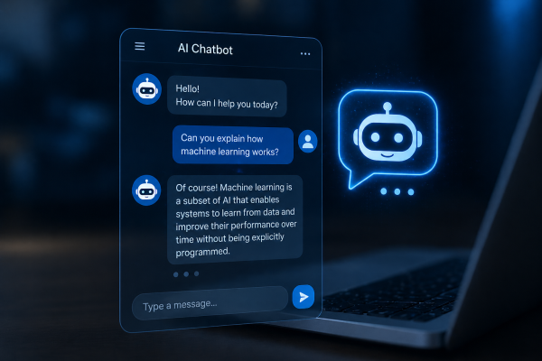 Futuristic AI chatbot interface displayed on a digital screen showing a conversation between a user and an AI assistant, with glowing blue chat bubbles and a modern tech-themed design.
