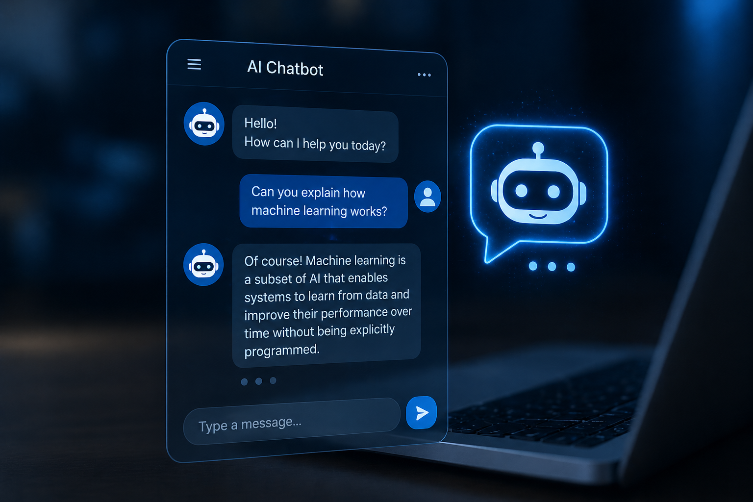 Futuristic AI chatbot interface displayed on a digital screen showing a conversation between a user and an AI assistant, with glowing blue chat bubbles and a modern tech-themed design.