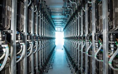 water-cooled server aisle in an AI data center for large language models, visible liquid cooling pipes and subtle condensation.