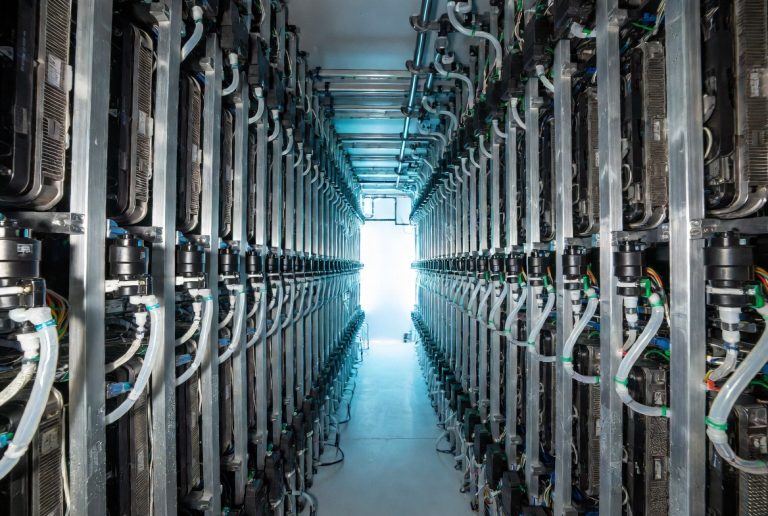 water-cooled server aisle in an AI data center for large language models, visible liquid cooling pipes and subtle condensation.