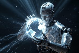 Sleek AI robot possessively holding a holographic digital Earth globe with glowing neural networks and data streams.