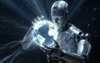 Sleek AI robot possessively holding a holographic digital Earth globe with glowing neural networks and data streams.