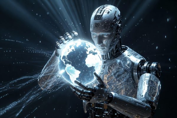 Sleek AI robot possessively holding a holographic digital Earth globe with glowing neural networks and data streams.