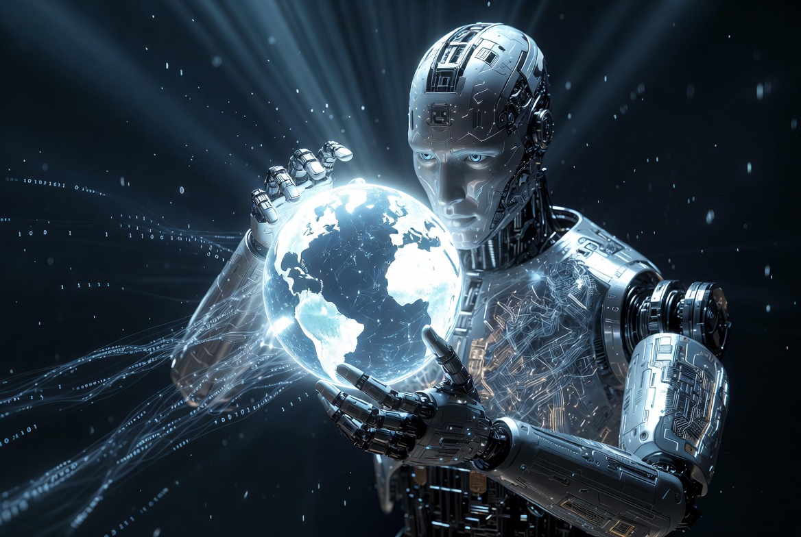 Sleek AI robot possessively holding a holographic digital Earth globe with glowing neural networks and data streams.