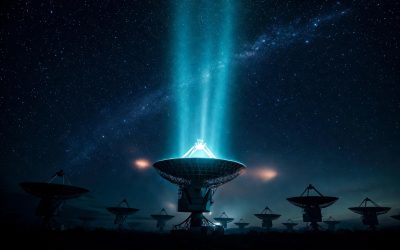 Large radio telescope array at night receiving a dramatic glowing cyan technosignature signal from deep space under the Milky Way, symbolizing potential discovery of intelligent alien life.