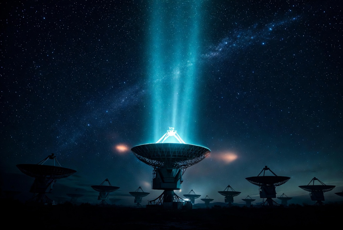 Large radio telescope array at night receiving a dramatic glowing cyan technosignature signal from deep space under the Milky Way, symbolizing potential discovery of intelligent alien life.
