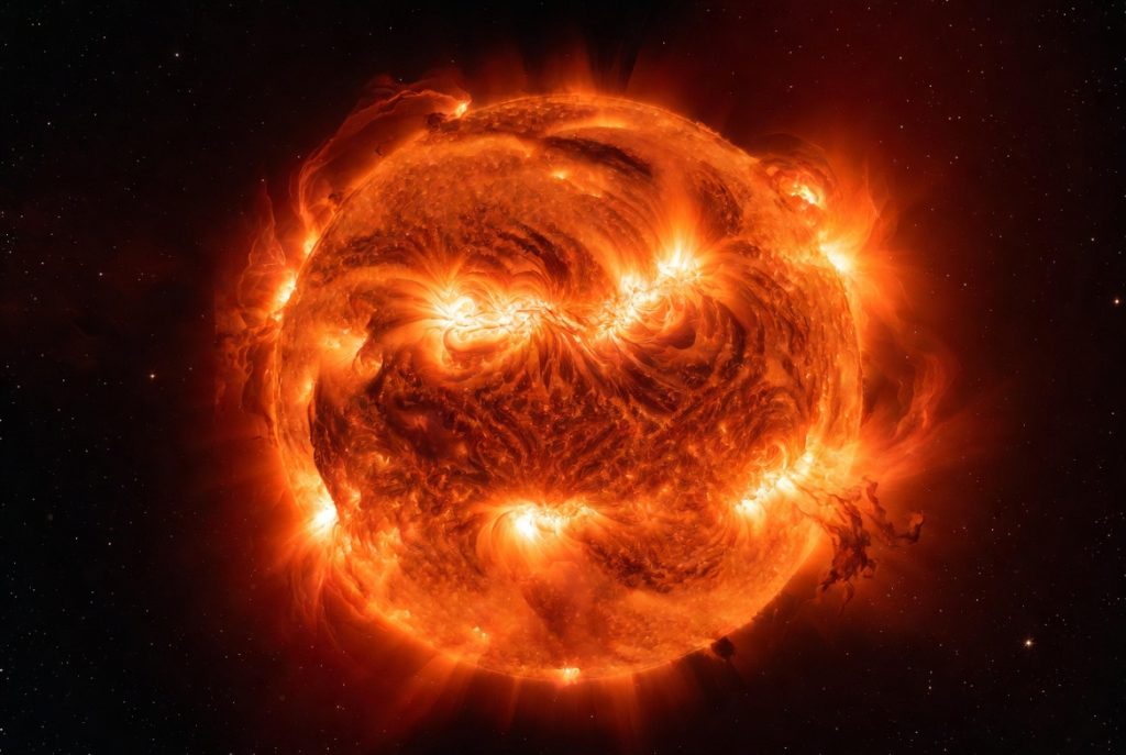 Dramatic full view of the Sun in vibrant fiery orange with turbulent plasma surface and powerful solar flares — the ultimate natural fusion reactor.
