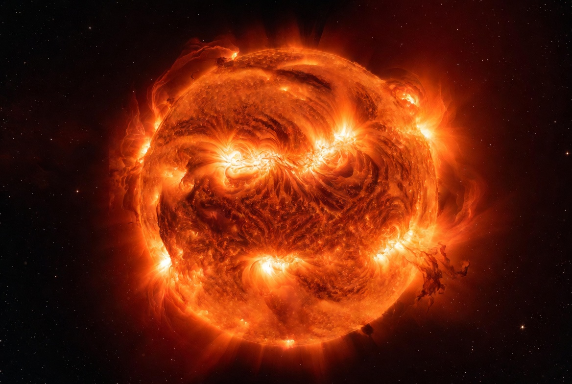 Dramatic full view of the Sun in vibrant fiery orange with turbulent plasma surface and powerful solar flares — the ultimate natural fusion reactor.
