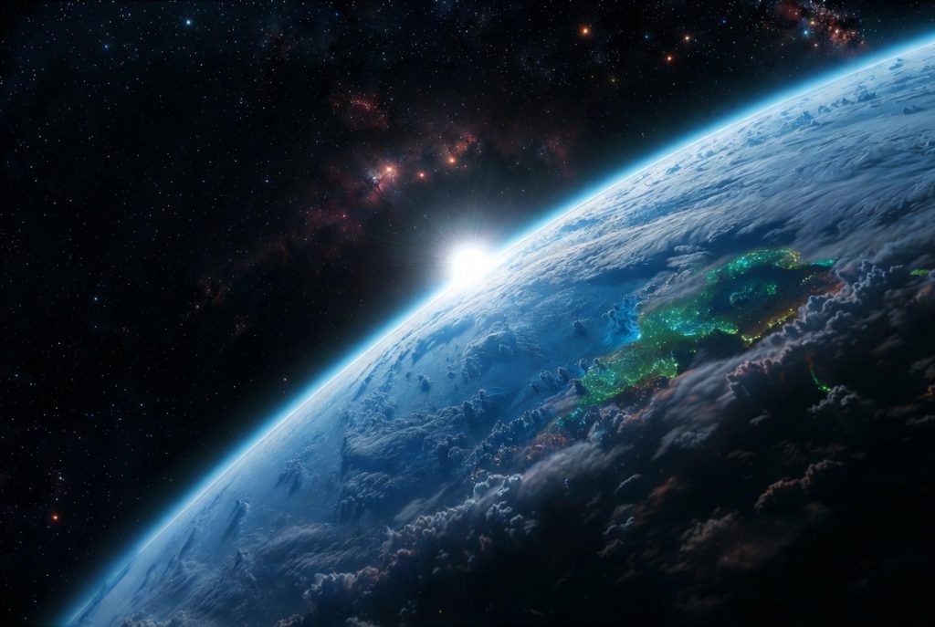 Stunning Earth-like exoplanet with blue oceans, green continents, and white clouds glowing under a distant star, symbolizing the scientific search for extraterrestrial life and habitable worlds.