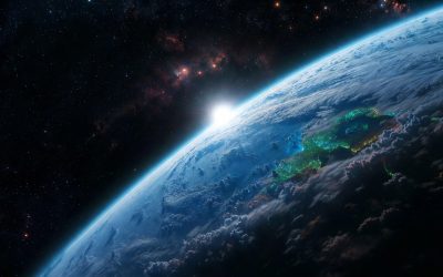 Stunning Earth-like exoplanet with blue oceans, green continents, and white clouds glowing under a distant star, symbolizing the scientific search for extraterrestrial life and habitable worlds.