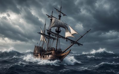 Storm-battered pirate ship pushing forward through crashing waves and turbulent seas.