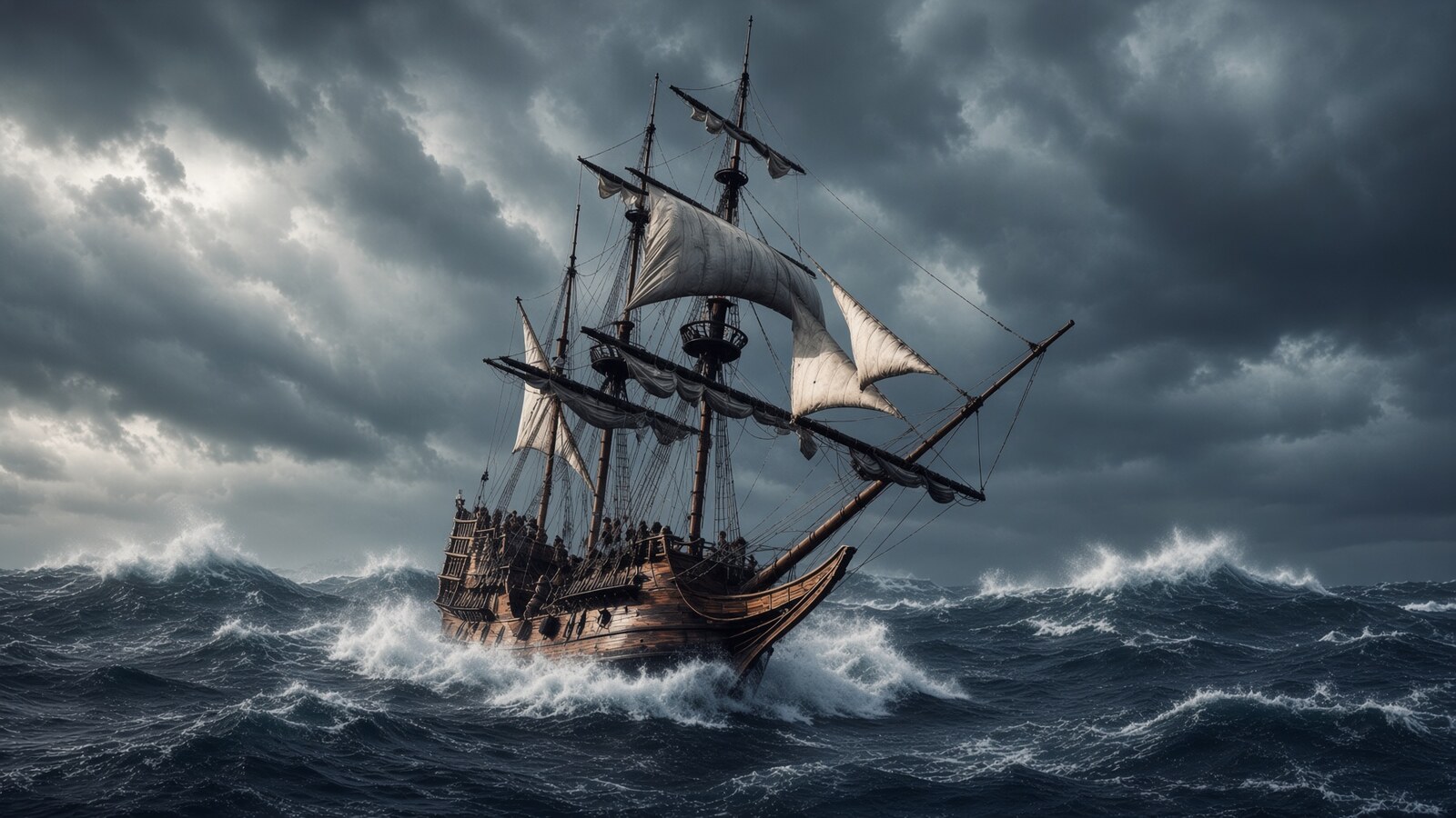 Storm-battered pirate ship pushing forward through crashing waves and turbulent seas.