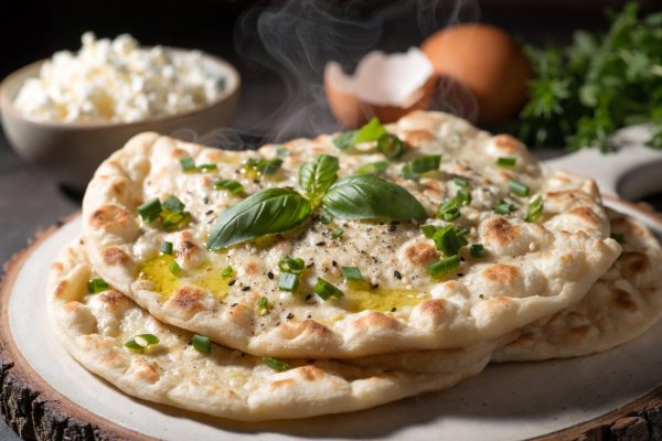 Golden, tender cottage cheese flatbreads made from full-fat cottage cheese and eggs, perfectly cooked with light golden-brown spots. Elegantly stacked on a ceramic plate, drizzled with olive oil and garnished with fresh chopped chives and basil leaves, with gentle steam rising.