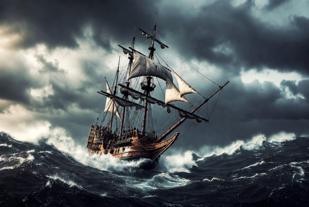 Storm-battered pirate ship pushing forward through crashing waves and turbulent seas.