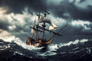 Storm-battered pirate ship pushing forward through crashing waves and turbulent seas.