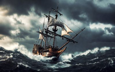 Storm-battered pirate ship pushing forward through crashing waves and turbulent seas.