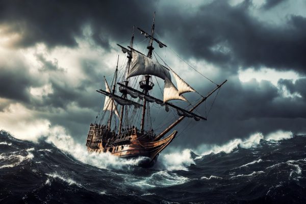 Storm-battered pirate ship pushing forward through crashing waves and turbulent seas.