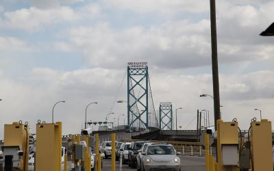 Cars in inspection lanes at the Ambassador Bridge crossing from Windsor, Ontario, into Detroit, photographed in 2013 by U.S. Customs and Border Protection.
