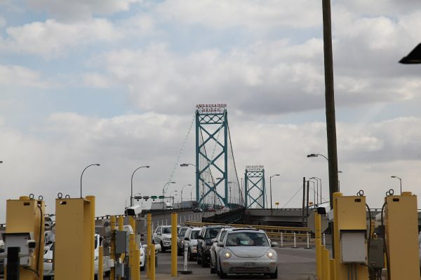 Cars in inspection lanes at the Ambassador Bridge crossing from Windsor, Ontario, into Detroit, photographed in 2013 by U.S. Customs and Border Protection.