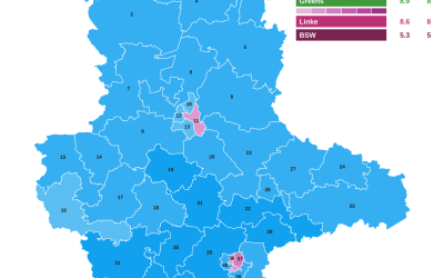 Map of the 6 September 2026 Saxony-Anhalt election, based on preliminary official results: AfD won 38 of 41 constituencies; The Left won three in Magdeburg and Halle. Credit: Gust Justice / Wikimedia Commons (CC BY 4.0).”