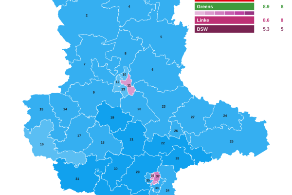 Map of the 6 September 2026 Saxony-Anhalt election, based on preliminary official results: AfD won 38 of 41 constituencies; The Left won three in Magdeburg and Halle. Credit: Gust Justice / Wikimedia Commons (CC BY 4.0).”