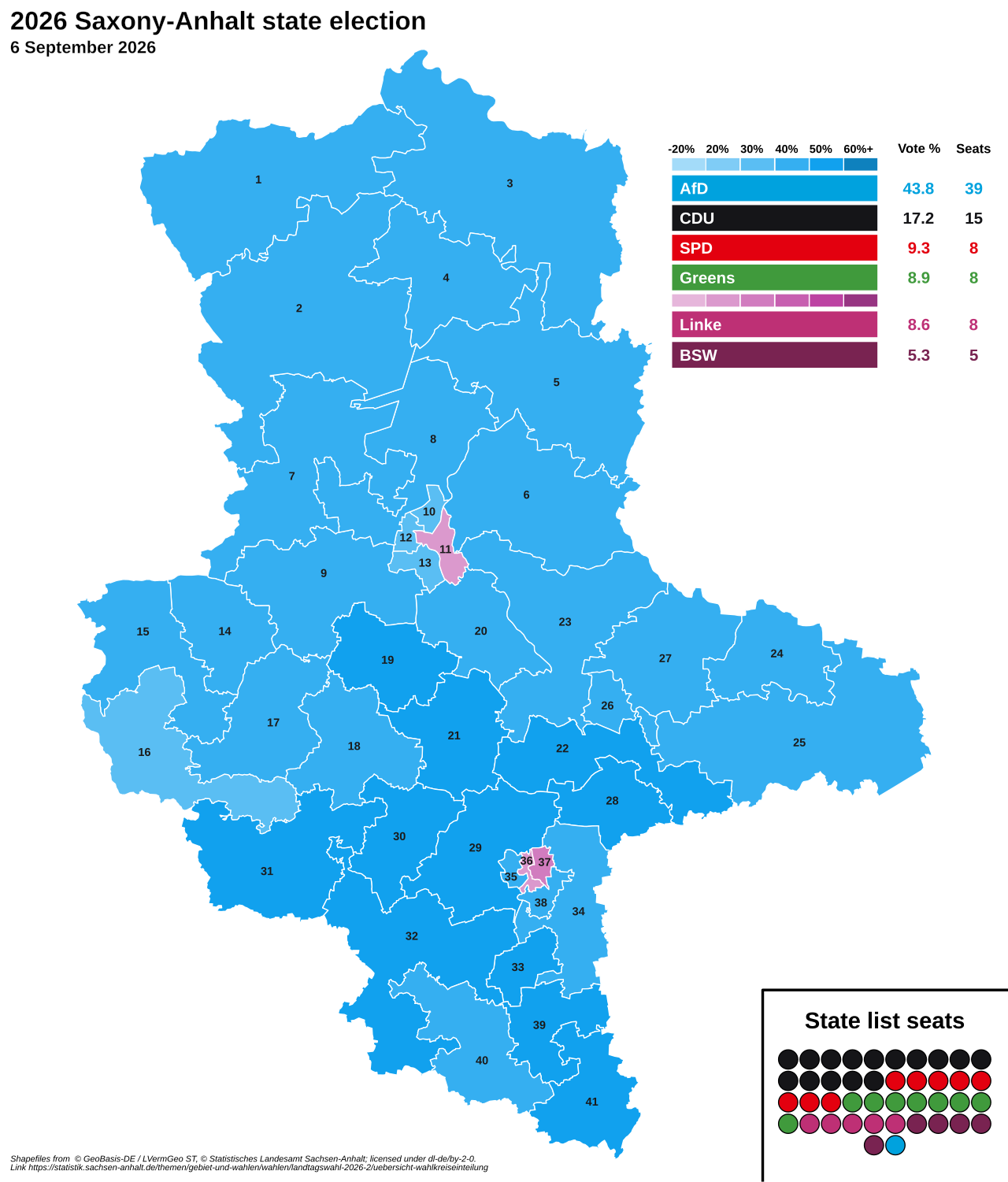 Map of the 6 September 2026 Saxony-Anhalt election, based on preliminary official results: AfD won 38 of 41 constituencies; The Left won three in Magdeburg and Halle. Credit: Gust Justice / Wikimedia Commons (CC BY 4.0).”