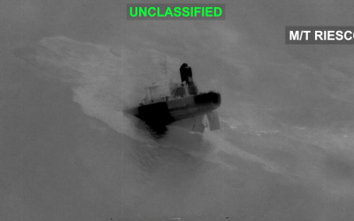 Infrared still from U.S. Central Command video labeled UNCLASSIFIED and M/T RIESCO, showing a tanker low in the water in the Gulf of Oman. CENTCOM said the image shows the M/T Riesco sinking on Sept. 8, 2026, after U.S. strikes. U.S. Central Command.