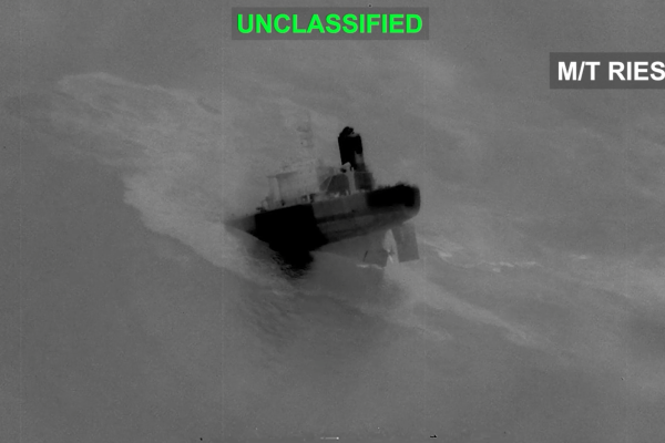 Infrared still from U.S. Central Command video labeled UNCLASSIFIED and M/T RIESCO, showing a tanker low in the water in the Gulf of Oman. CENTCOM said the image shows the M/T Riesco sinking on Sept. 8, 2026, after U.S. strikes. U.S. Central Command.
