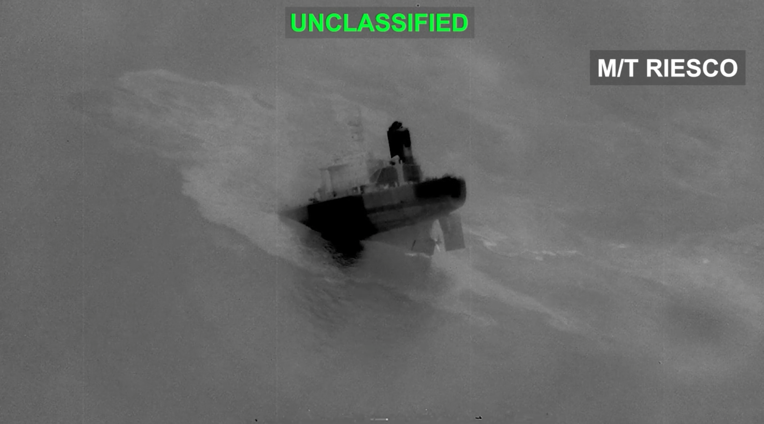 Infrared still from U.S. Central Command video labeled UNCLASSIFIED and M/T RIESCO, showing a tanker low in the water in the Gulf of Oman. CENTCOM said the image shows the M/T Riesco sinking on Sept. 8, 2026, after U.S. strikes. U.S. Central Command.