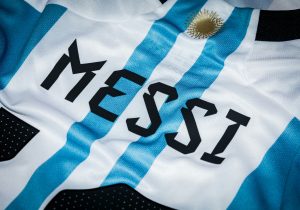 Argentina national-team jersey with the name Messi on the back.