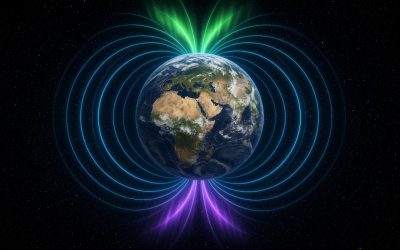 AI-generated illustration of Earth with blue magnetic field lines looping pole to pole. Green aurora at the north, purple at the south.