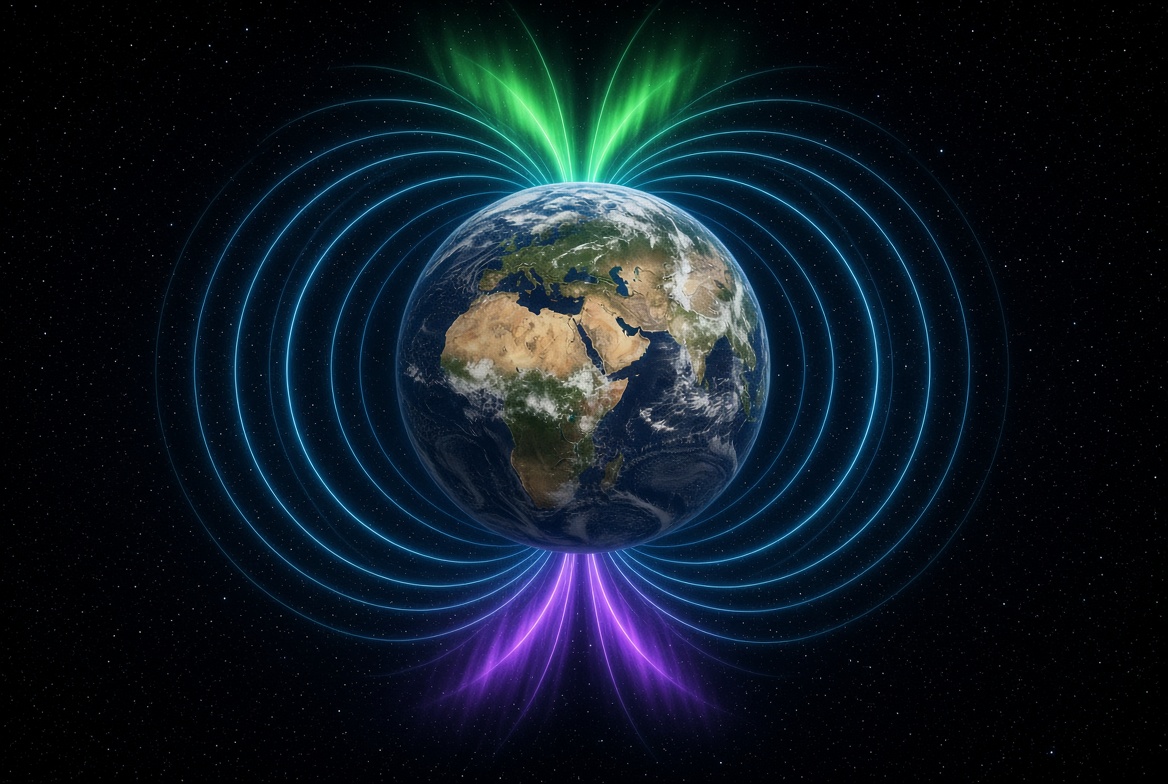 AI-generated illustration of Earth with blue magnetic field lines looping pole to pole. Green aurora at the north, purple at the south.