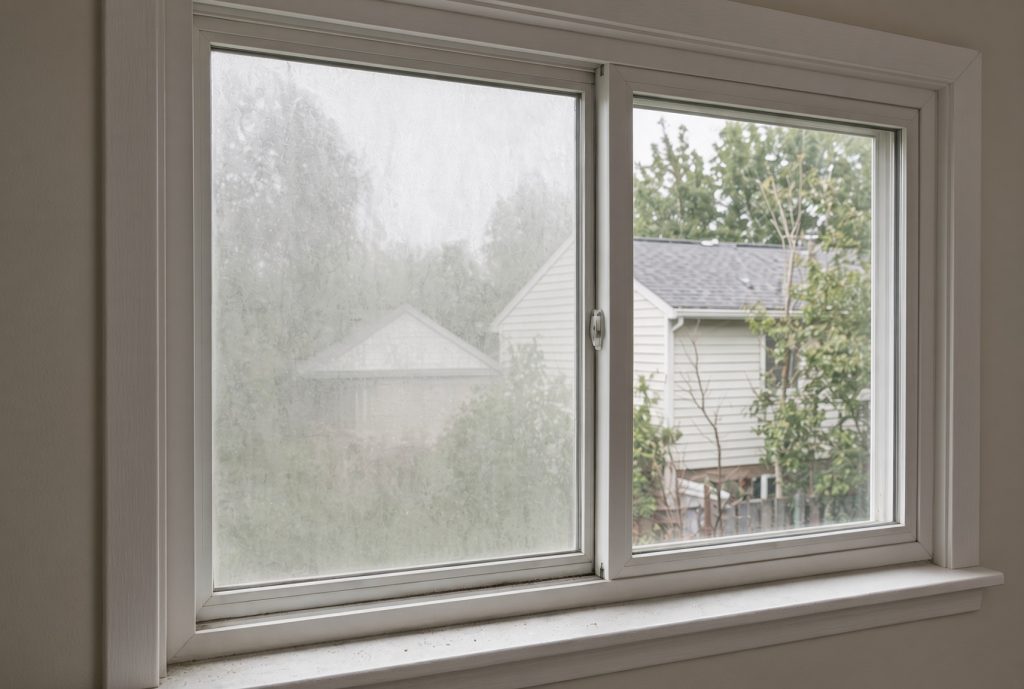White vinyl sliding window: the left sealed pane is milky and clouded with condensation trapped between the glass; the right pane is clear and shows a house and trees outside.