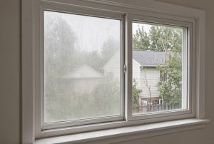 White vinyl sliding window: the left sealed pane is milky and clouded with condensation trapped between the glass; the right pane is clear and shows a house and trees outside.
