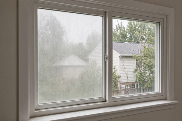 White vinyl sliding window: the left sealed pane is milky and clouded with condensation trapped between the glass; the right pane is clear and shows a house and trees outside.